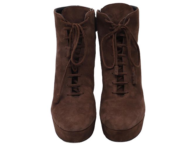 Stivaletti stringati Prada in camoscio marrone - vista 2