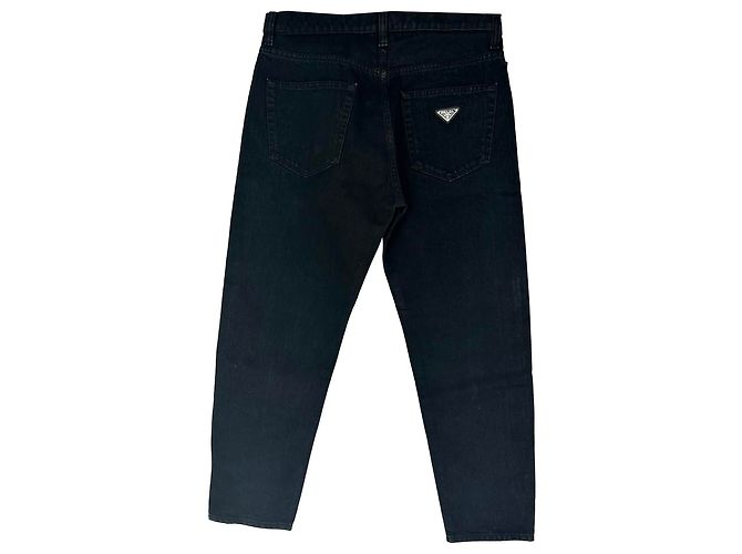 Jeans a gamba dritta in cotone nero con placca logo Prada - vista 2