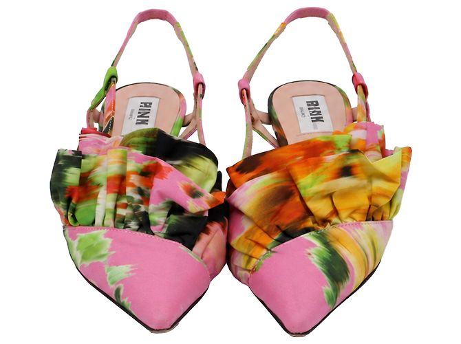 MSGM Floral Ruffle Slingback Kitten Heels in Multicolor Satin Multiple colors - view 2