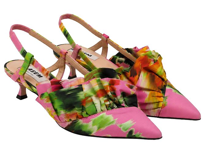 MSGM Floral Ruffle Slingback Kitten Heels in Multicolor Satin Multiple colors - view 3