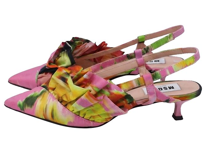 MSGM Floral Ruffle Slingback Kitten Heels in Multicolor Satin Multiple colors - view 4