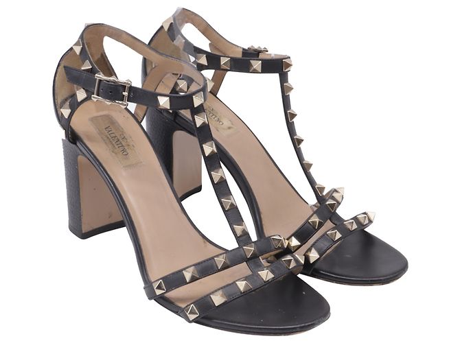 Sandali con tacco Rockstud T-Strap Valentino Garavani in pelle nera Nero - vista 3