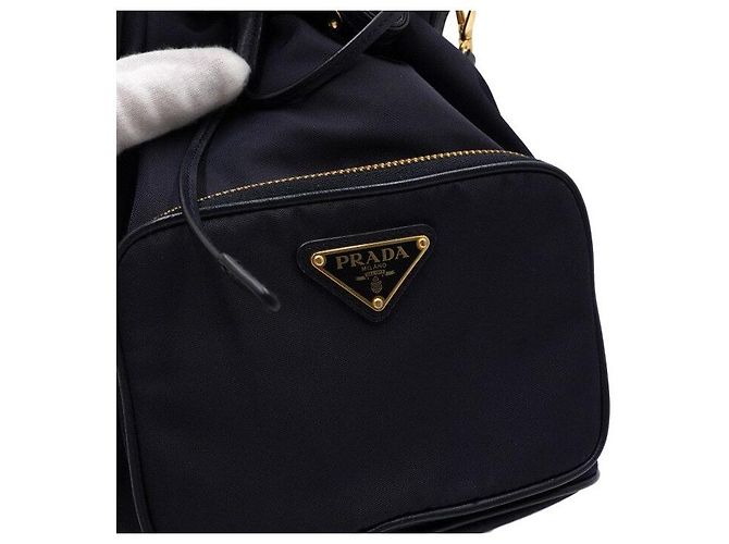 Tote Prada Borsa a secchiello e borsa a tracolla Bella in tessuto blu navy con metallo dorato - vista 10