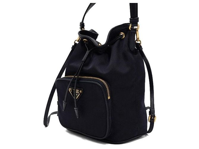 Tote Prada Borsa a secchiello e borsa a tracolla Bella in tessuto blu navy con metallo dorato - vista 2