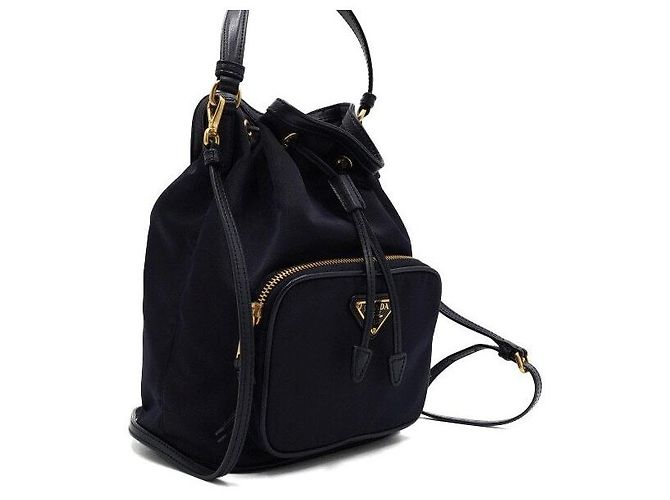 Tote Prada Borsa a secchiello e borsa a tracolla Bella in tessuto blu navy con metallo dorato - vista 3