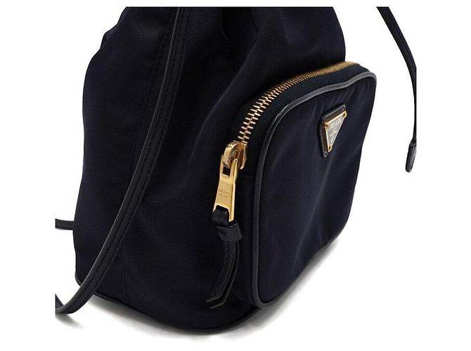 Tote Prada Borsa a secchiello e borsa a tracolla Bella in tessuto blu navy con metallo dorato - vista 8