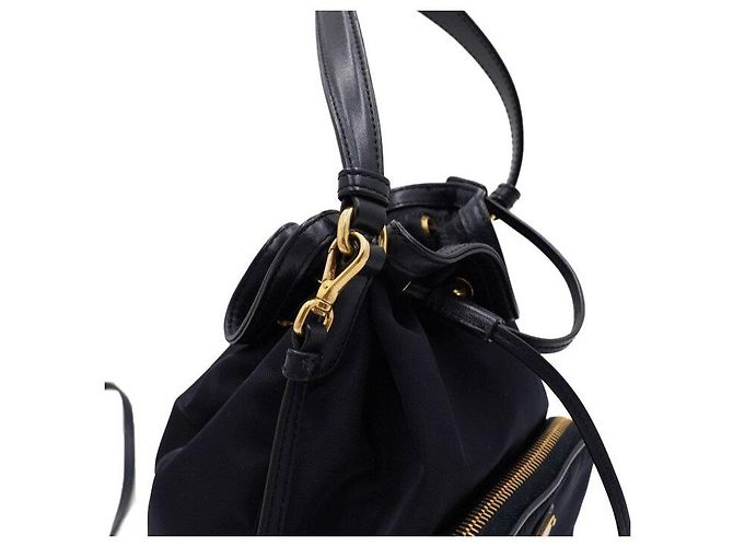 Tote Prada Borsa a secchiello e borsa a tracolla Bella in tessuto blu navy con metallo dorato - vista 9