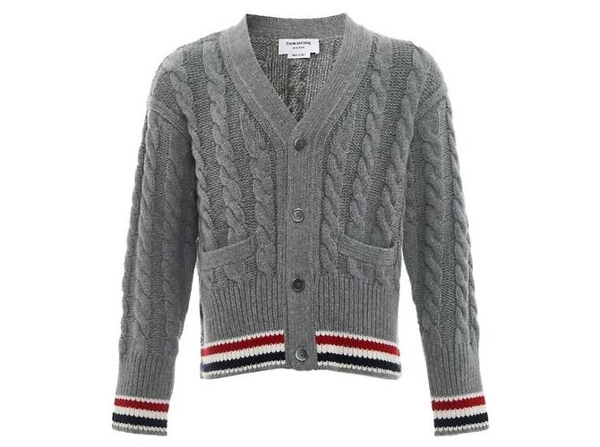 Thom Browne Cardigã de lã com decote em V e riscas RWB para bebé com tranças Marrom - vista 3