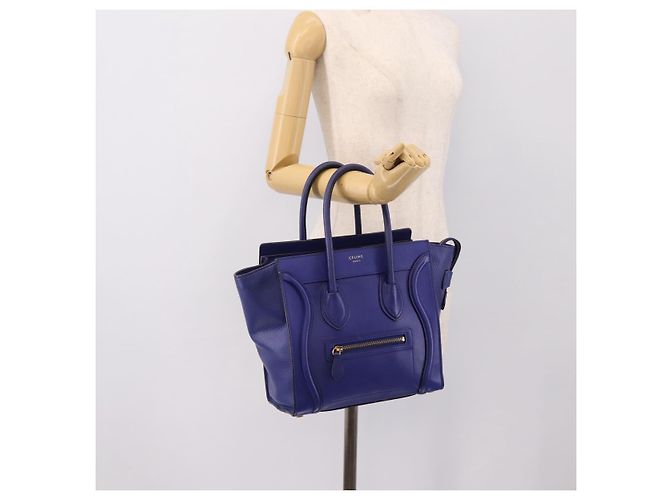 Céline Borsa a mano CELINE Luggage Micro Shopper in pelle blu e oro Auth 201981A D'oro - vista 23