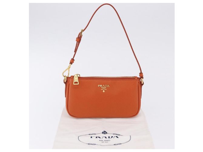 PRADA Accessory Pouch Saffiano leather Orange Gold Auth 200537V Golden - view 12