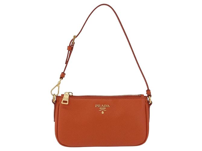 PRADA Accessory Pouch Saffiano leather Orange Gold Auth 200537V Golden - view 13
