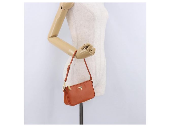 PRADA Accessory Pouch Saffiano leather Orange Gold Auth 200537V Golden - view 25