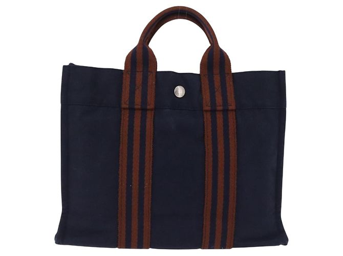 Hermès Borsa HERMES Fourre Tout PM cotone Navy Silver Auth 199880 Argento Blu navy - vista 13