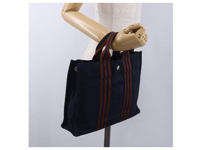 Hermès Borsa HERMES Fourre Tout PM cotone Navy Silver Auth 199880 Argento Blu navy - vista 22