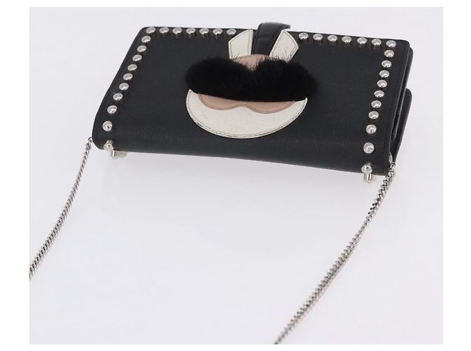 Borsa a tracolla con catena FENDI in pelle nera e argento 8M0346 Auth 202140 Nero - vista 6
