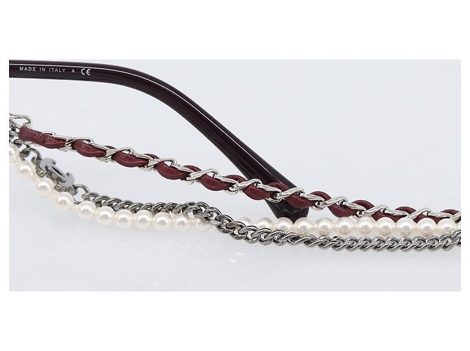 Gafas de sol degradadas de triple cadena CHANEL COCO Mark Pearl, plástico, Wine Red Silver CC Auth SW2690M Plata Burdeos - vista 11