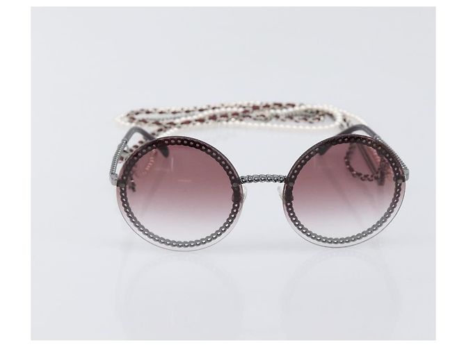 Gafas de sol degradadas de triple cadena CHANEL COCO Mark Pearl, plástico, Wine Red Silver CC Auth SW2690M Plata Burdeos - vista 13