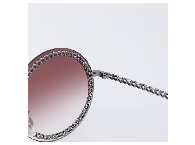 Gafas de sol degradadas de triple cadena CHANEL COCO Mark Pearl, plástico, Wine Red Silver CC Auth SW2690M Plata Burdeos - vista 14