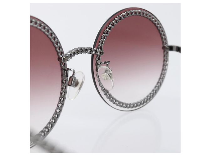 Gafas de sol degradadas de triple cadena CHANEL COCO Mark Pearl, plástico, Wine Red Silver CC Auth SW2690M Plata Burdeos - vista 16