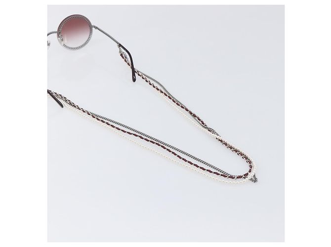 Gafas de sol degradadas de triple cadena CHANEL COCO Mark Pearl, plástico, Wine Red Silver CC Auth SW2690M Plata Burdeos - vista 18