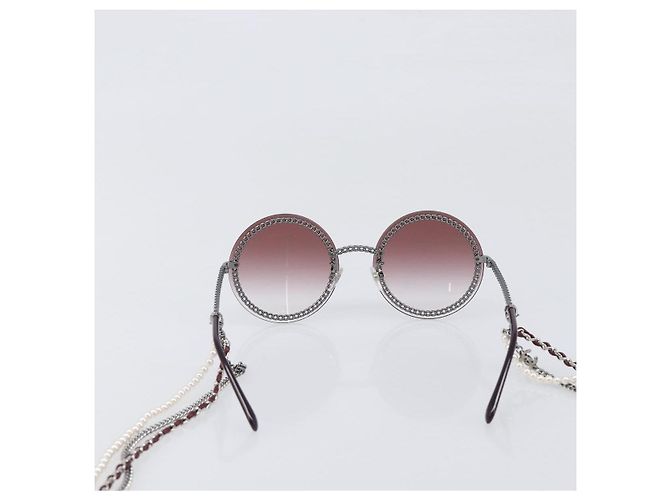 Gafas de sol degradadas de triple cadena CHANEL COCO Mark Pearl, plástico, Wine Red Silver CC Auth SW2690M Plata Burdeos - vista 2