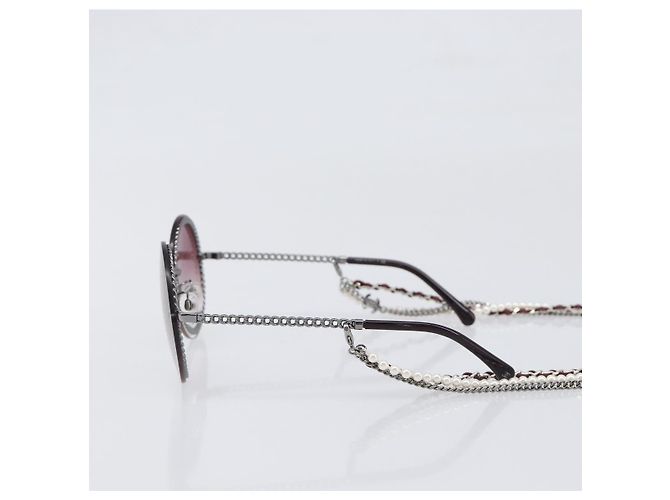 Gafas de sol degradadas de triple cadena CHANEL COCO Mark Pearl, plástico, Wine Red Silver CC Auth SW2690M Plata Burdeos - vista 3