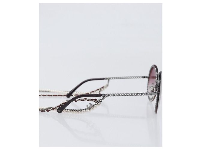 Gafas de sol degradadas de triple cadena CHANEL COCO Mark Pearl, plástico, Wine Red Silver CC Auth SW2690M Plata Burdeos - vista 4