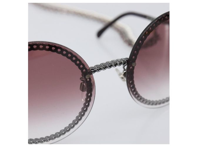 Gafas de sol degradadas de triple cadena CHANEL COCO Mark Pearl, plástico, Wine Red Silver CC Auth SW2690M Plata Burdeos - vista 7