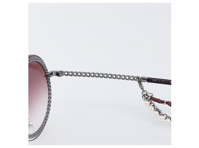 Gafas de sol degradadas de triple cadena CHANEL COCO Mark Pearl, plástico, Wine Red Silver CC Auth SW2690M Plata Burdeos - vista 9