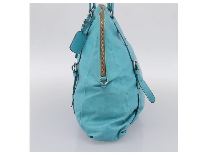 PRADA Tote Bag aus Leder hellblau silber Auth 199466V - Ansicht 4