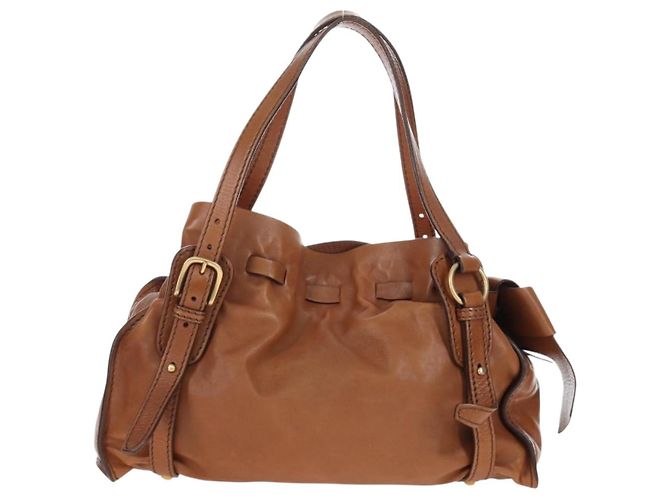 Borsa a tracolla Miu Miu con fiocco laterale in pelle marrone e tono oro Auth am12465V - vista 2