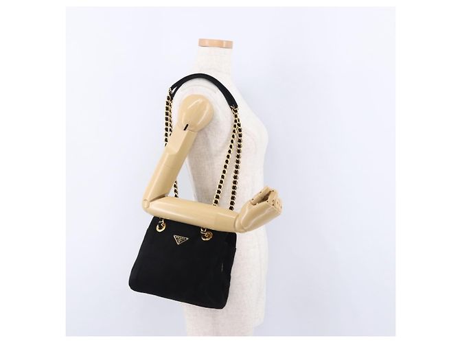 Borsa a tracolla con catena PRADA in camoscio nero e oro Auth yk20760V D'oro - vista 28