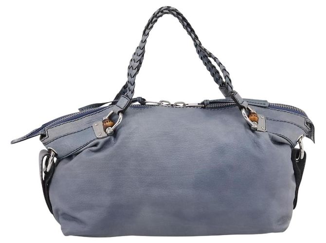 Borsa a tracolla GUCCI Bamboo in pelle blu e argento 232959 Auth 199519 - vista 13