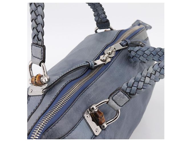 Borsa a tracolla GUCCI Bamboo in pelle blu e argento 232959 Auth 199519 - vista 6