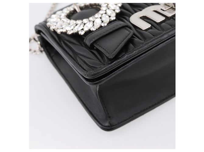 Borsa a tracolla Miu Miu Matelassé con catena in pelle nera argento Auth 202224A Nero - vista 14