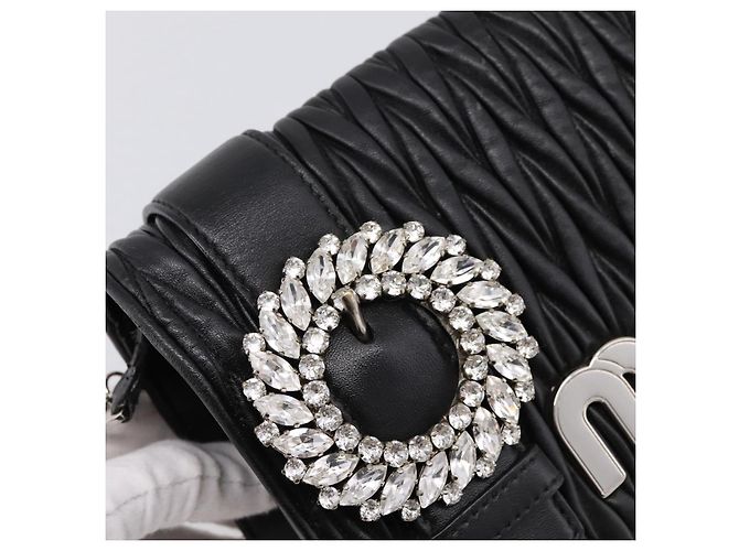 Borsa a tracolla Miu Miu Matelassé con catena in pelle nera argento Auth 202224A Nero - vista 18