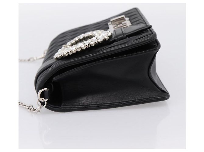 Borsa a tracolla Miu Miu Matelassé con catena in pelle nera argento Auth 202224A Nero - vista 3