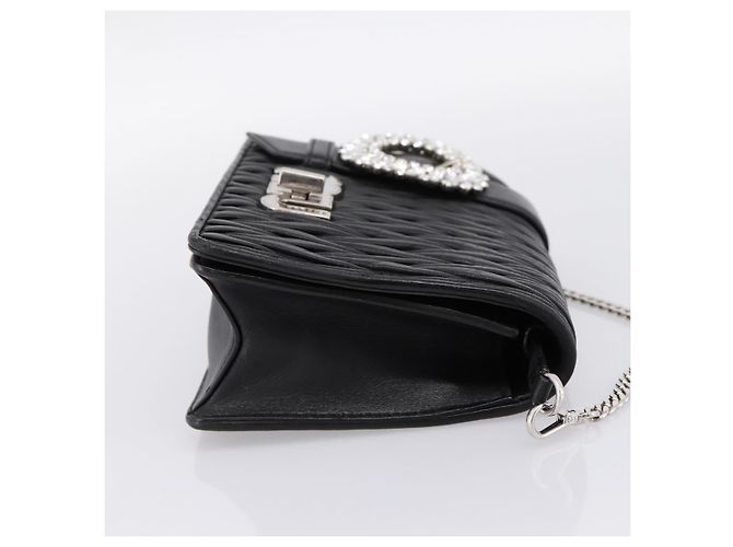 Borsa a tracolla Miu Miu Matelassé con catena in pelle nera argento Auth 202224A Nero - vista 4