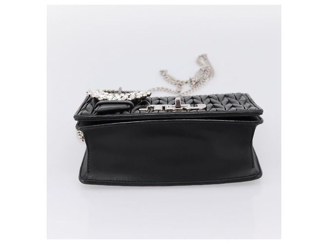 Borsa a tracolla Miu Miu Matelassé con catena in pelle nera argento Auth 202224A Nero - vista 5