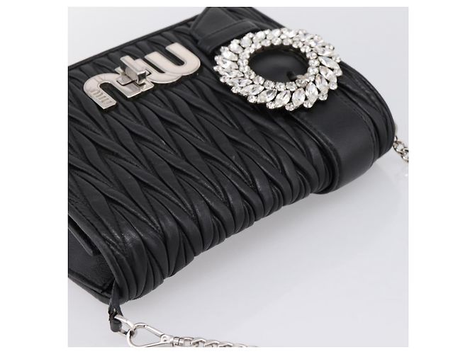 Borsa a tracolla Miu Miu Matelassé con catena in pelle nera argento Auth 202224A Nero - vista 6