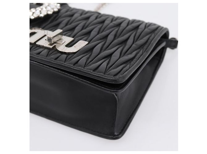 Borsa a tracolla Miu Miu Matelassé con catena in pelle nera argento Auth 202224A Nero - vista 9