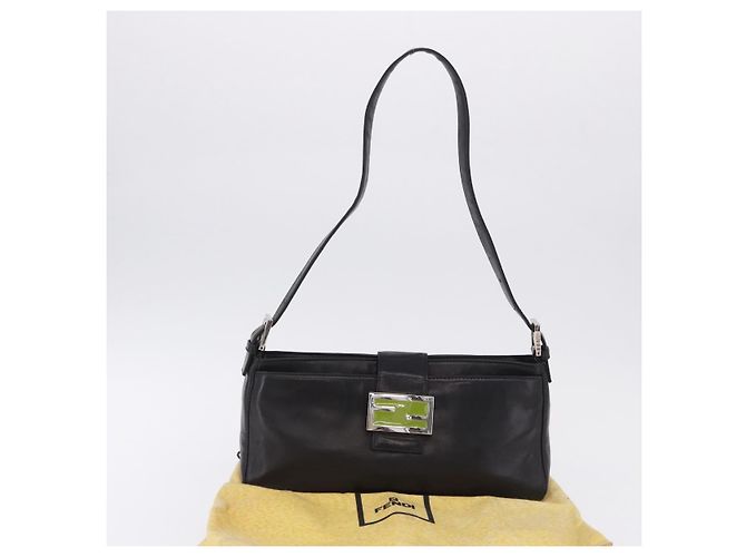 Borsa a spalla FENDI Mamma Baguette in pelle nera argento Auth 199954A Nero - vista 12