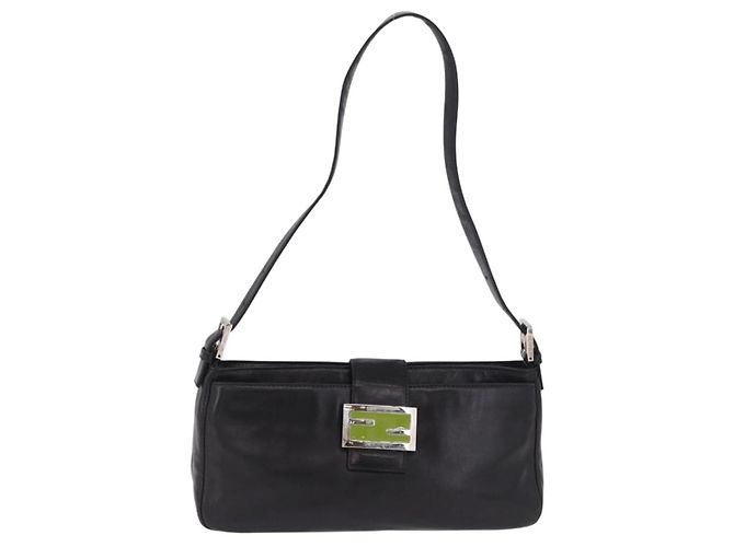 Borsa a spalla FENDI Mamma Baguette in pelle nera argento Auth 199954A Nero - vista 13