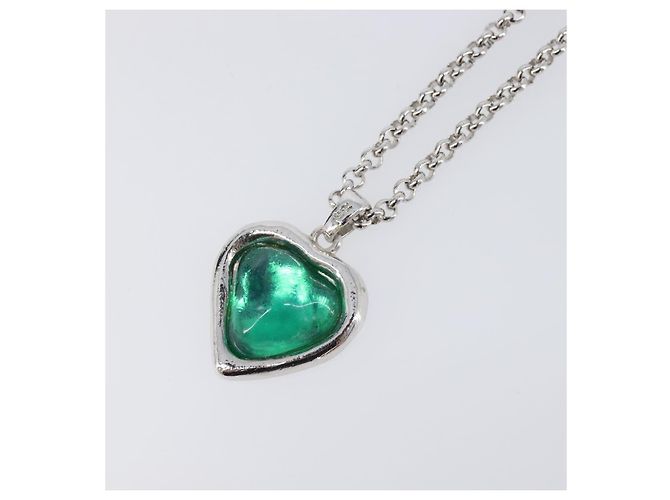Collana SAINT LAURENT Metallo Argento Verde Auth BA15462 - vista 3