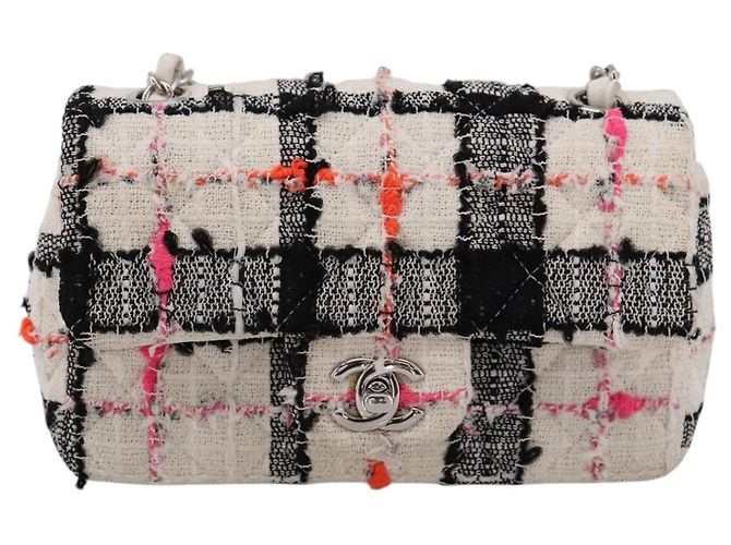 Borsa a tracolla CHANEL Mini Matelasse 20 in tweed Bianco Argento CC Auth 202073SM - vista 13