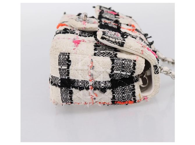Borsa a tracolla CHANEL Mini Matelasse 20 in tweed Bianco Argento CC Auth 202073SM - vista 4
