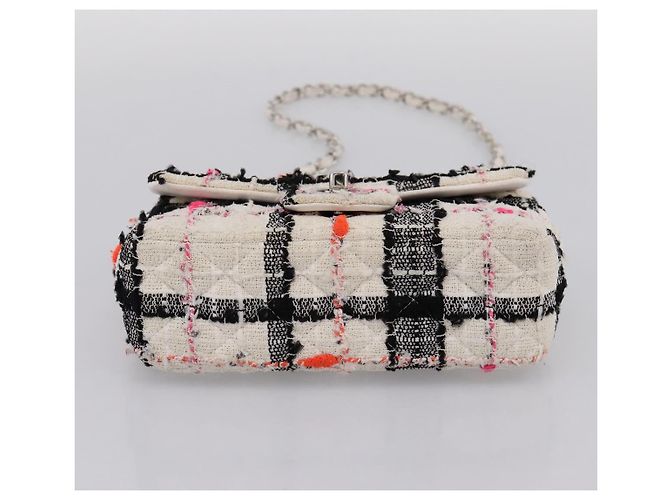 Borsa a tracolla CHANEL Mini Matelasse 20 in tweed Bianco Argento CC Auth 202073SM - vista 5