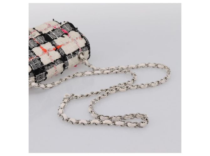 Borsa a tracolla CHANEL Mini Matelasse 20 in tweed Bianco Argento CC Auth 202073SM - vista 7
