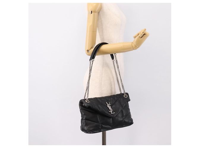Borsa a tracolla SAINT LAURENT Lulu Puffer con catena in pelle nera e argento Auth ka5996SAM Nero - vista 23