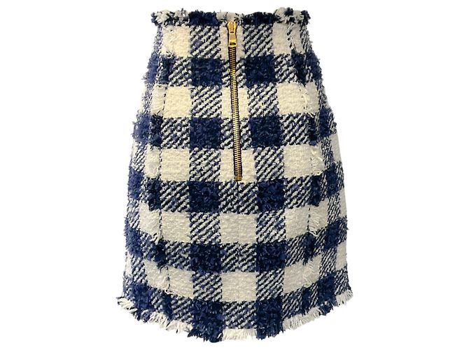 Balmain Minirock mit hoher Taille in Creme / Marineblau Gingham mit Goldknöpfen - Ansicht 2